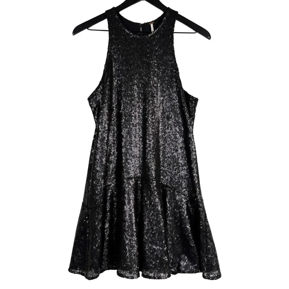 Free People Sequined Mini Dress Cocktail Party Black Mini High Neck - S